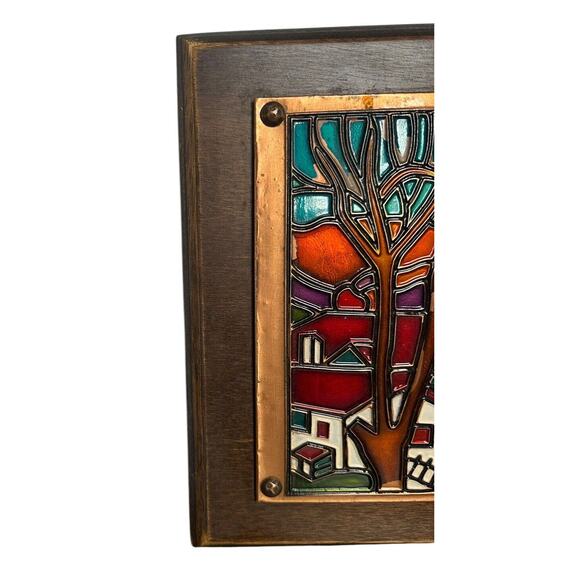 Vtg Enamel on Embossed Copper Village Mounted Autumn Fall Picture Wall Art - Picture 7 of 11